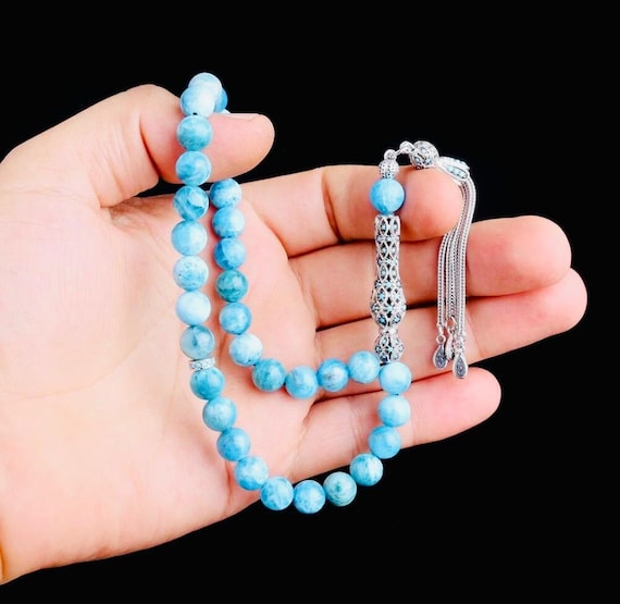 Apatite Misbaha – 925 Silver Tassel with Zircon – 8 mm Beads – 24 cm