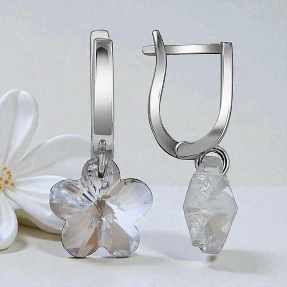 Silver Dangle Flower Earrings – Crystal White Drop Design – 925 Sterling Silver