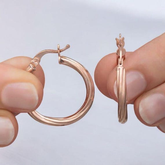 Rose Gold Twisted Hoop Earrings, 925 Sterling Silver Huggies