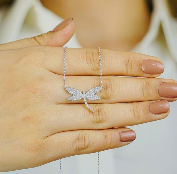 925 Sterling Silver Dragonfly Necklace with White Zircon Stones – Elegant Pendant