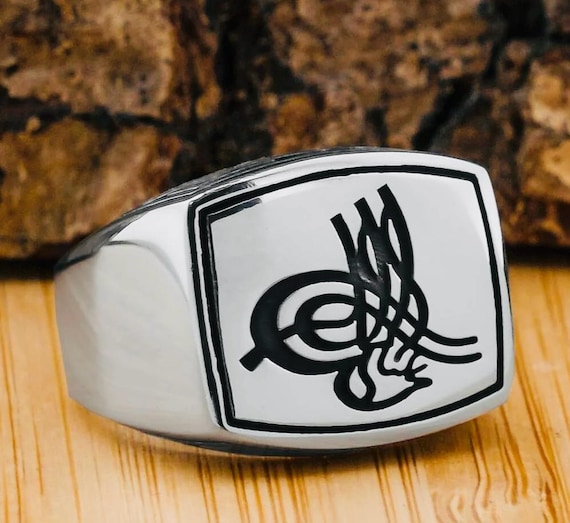 925 Sterling Silver Men’s Ring with Ottoman Tughra – Polished Plain Design – 9.3 g