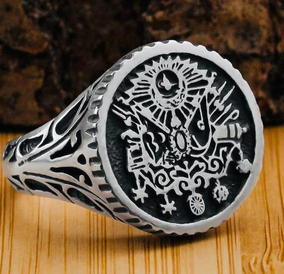 925 Sterling Silver Men’s Ring – Ottoman Empire Coat of Arms Round Design – 12.8 g