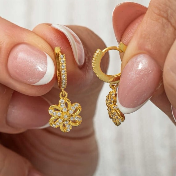 Gold Plated Silver Dangle Flower Earrings for Women 925 Sterling Silver