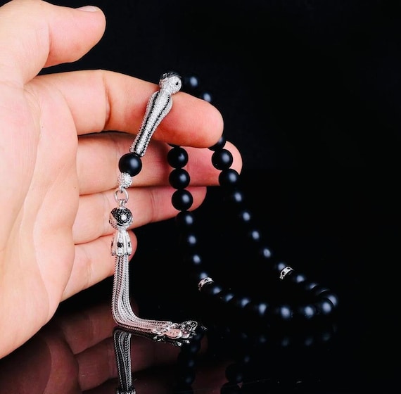 Matte Onyx Misbaha – 925 Silver Tassel with Zircon – 8 mm – 24 cm