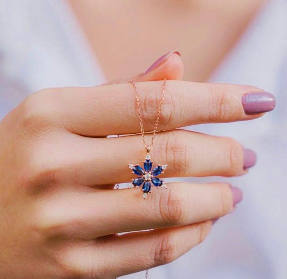 925 Sterling Silver Lotus Flower Necklace with Blue Zircon – Rose Gold Plated