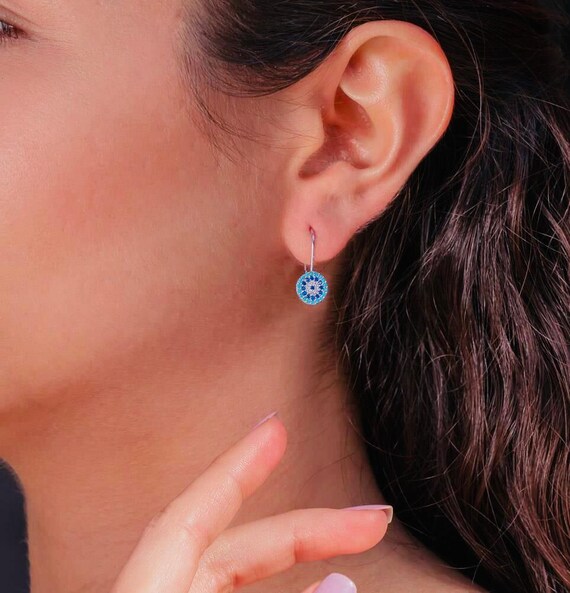 925 Sterling Silver Evil Eye Safety Pin Earrings with Zircon – Rhodium Plated