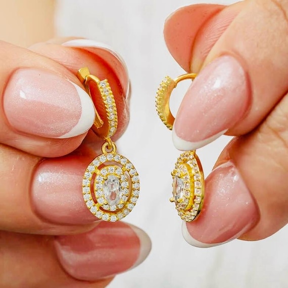 Gold Oval Stone Dangle Earrings for Women 925 Sterling Silver