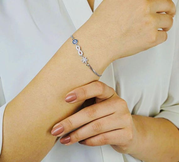 925 Sterling Silver Evil Eye Infinity Snowflake Bracelet