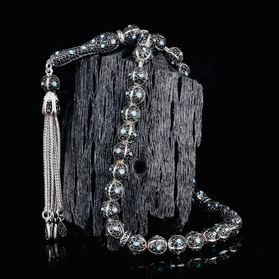 925 Sterling Silver Misbaha – Turquoise Zircon  – 7.4 mm – 24 cm