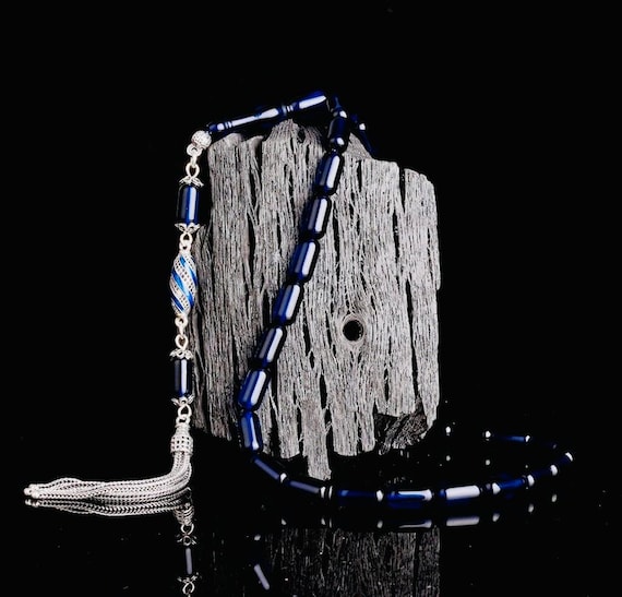 Blue Amber Tasbih – Capsule Cut with 925 Silver Tassel