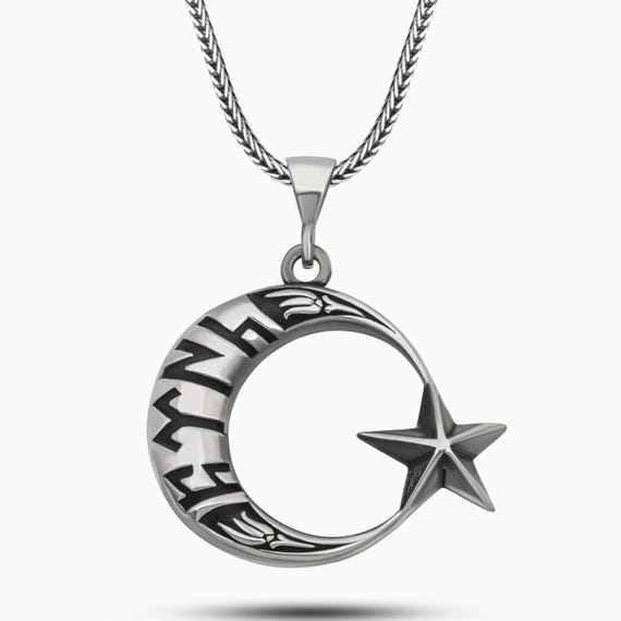 925 Silver Gokturk Script Crescent Star Masculine Turkish Pendant