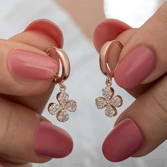 Rose Gold Clover Dangle Earrings for Women 925 Sterling Silver Handmade Earrings
