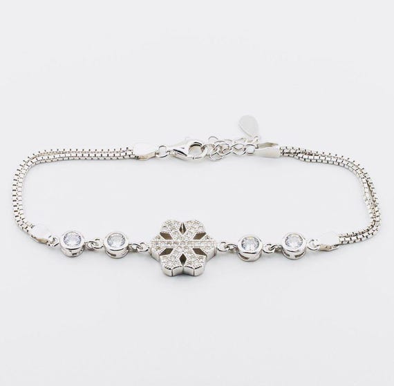 925 Sterling Silver Snowflake Bracelet with Solitaire Stone