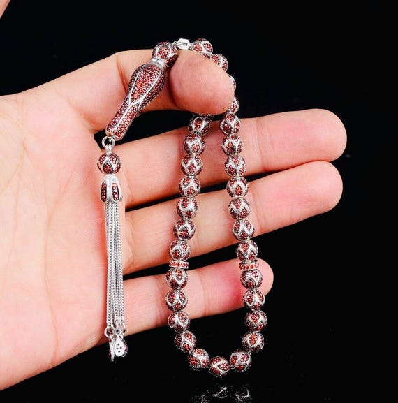 925 Sterling Silver Tasbih – Red Zircon Design – 7.4 mm