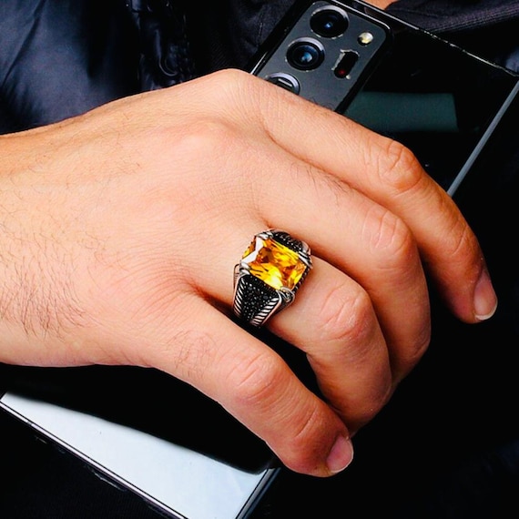 925 Sterling Silver Men’s Ring with Yellow Zircon & Micro Side Stones