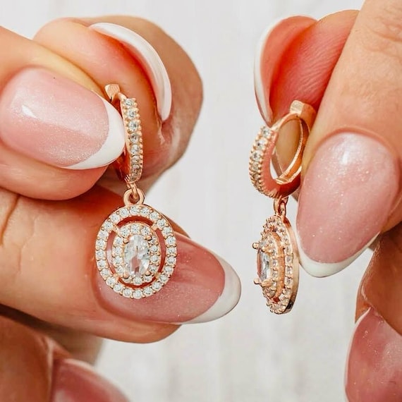 Rose Gold Oval Stone Dangle Earrings for Women 925 Sterling Silver