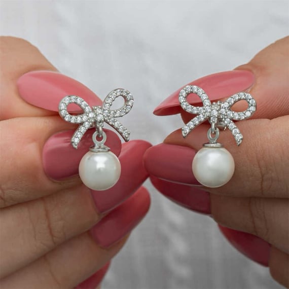 Bow Pearl Stud Earrings for Women 925 Sterling Silver Rhodium Plated Elegant Earrings