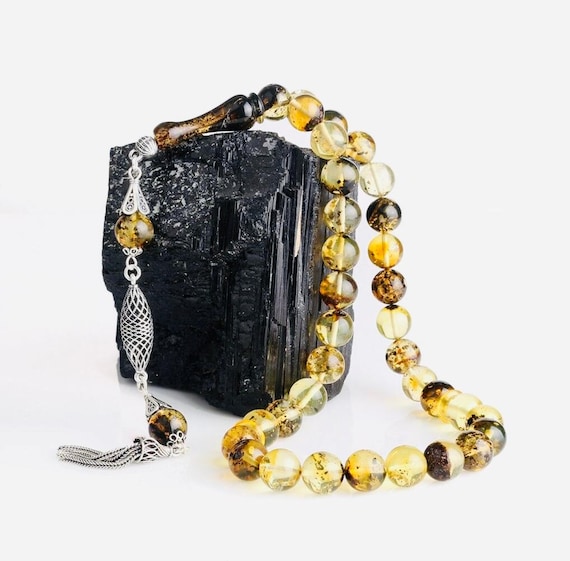 Fossil Amber Misbaha with 925 Sterling Silver Tassel – 10 mm Prayer Beads