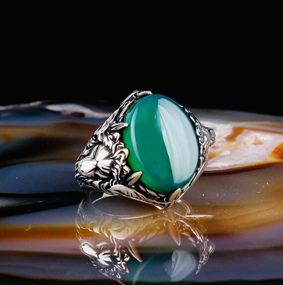 925 Sterling Silver Men’s Ring with Green Agate Stone – Lion Design