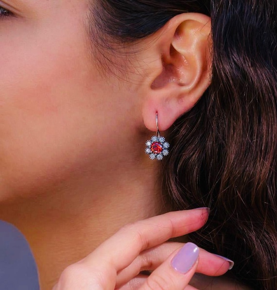 925 Sterling Silver Flower Safety Pin Earrings: Red & White Zircon