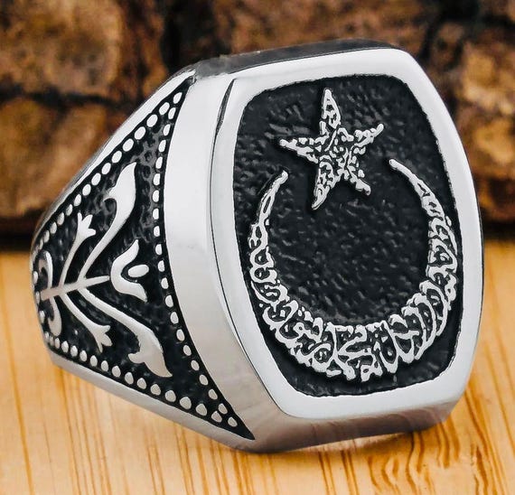 925 Sterling Silver Men’s Ring with Crescent-Star and Tulip Motif – 14.4 g