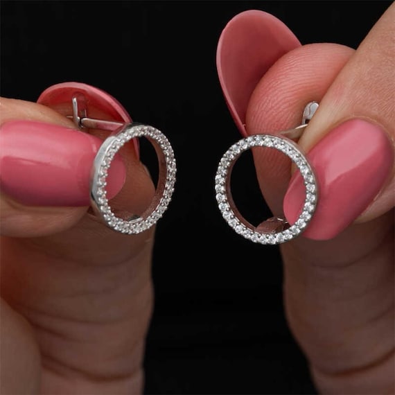 Round Earrings for Women 925 Sterling Silver Rhodium Plated Cubic Zirconia Earrings
