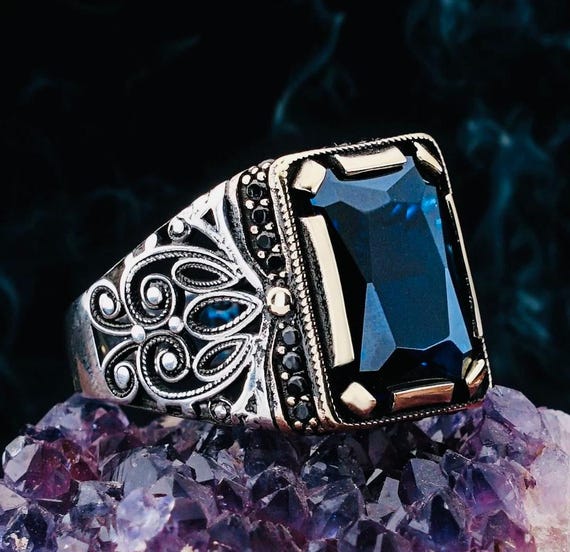 925 Sterling Silver Men's Ring: Navy Zircon & Black Nano Stones