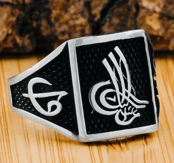925 Sterling Silver Men’s Ring with Ottoman Tughra Design – 7.7 g
