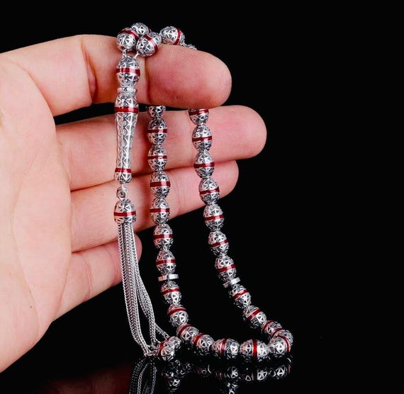 925 Sterling Silver Red Enamel Misbaha – Oval Cut – 6.5x8.5 mm