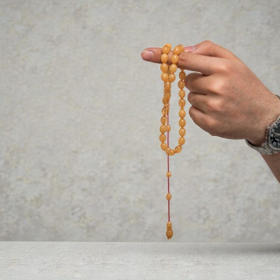 Handmade Pressed Amber Tasbih Prayer Beads – Classic Turkish Rosary for Men