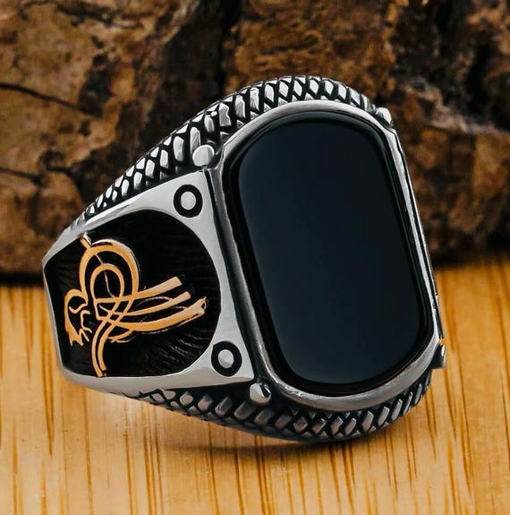 925 Sterling Silver Men’s Ring with Black Onyx and Ottoman Tughra Design
