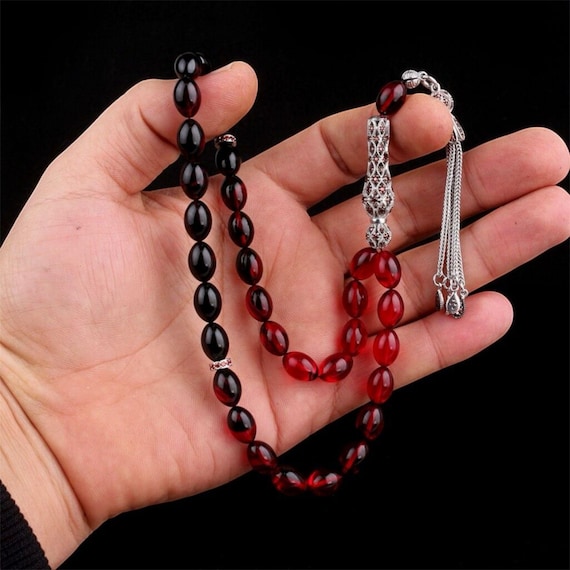 Red Black Fire Amber Tasbih  925 Silver Misbaha with Zircon Handmade Kehribar Prayer Beads