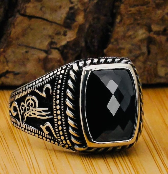 925 Sterling Silver Ottoman Tughra Men’s Ring with Black Zircon