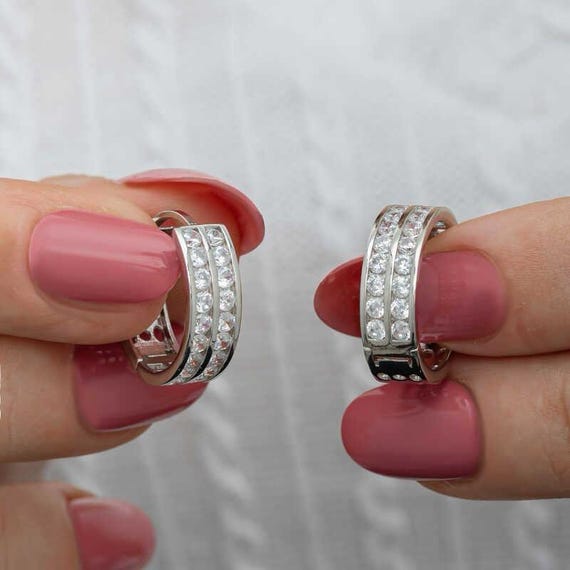 Sterling Silver CZ Hoop Earrings, Handmade Rhodium Plated