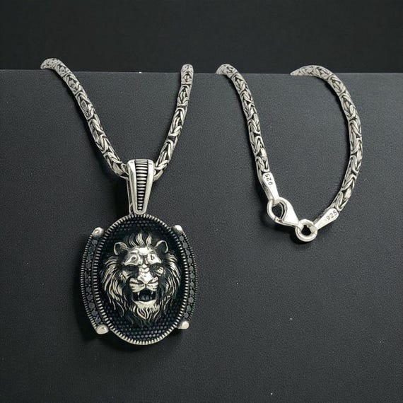 Lion Pendant Necklace 925 Sterling Silver Black Stone