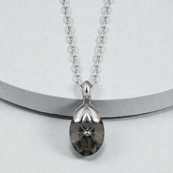 Oval Crystal Stone Silver Necklace • 925 Sterling Silver Chain