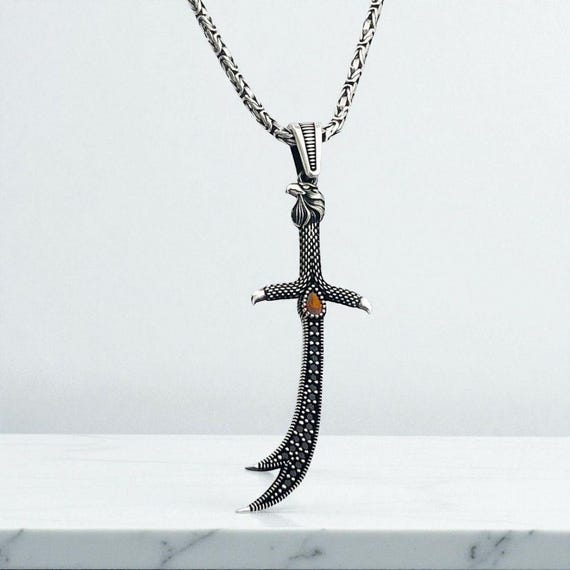 Sterling Silver Red Stone Eagle Head Zulfiqar Necklace with King Chain