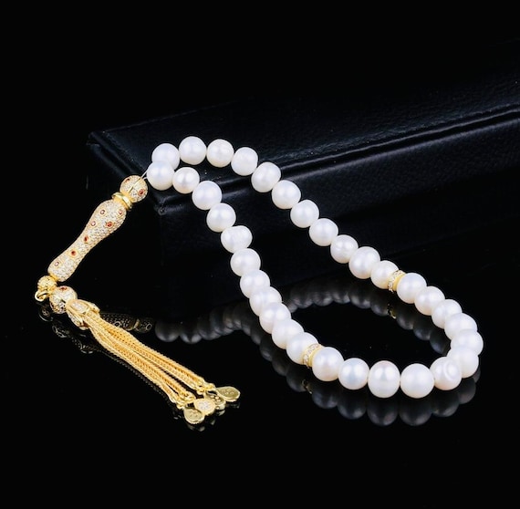 Gold Plated Zircon Silver Set Pearl Misbaha – 8 mm Wrist Size Tasbih