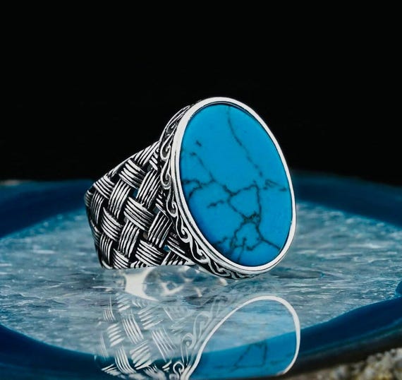 925 Sterling Silver Men’s Ring with Oval Turquoise Stone and Braided Design – 10 g