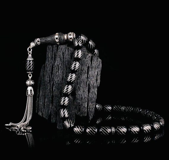 Fire Amber Tasbih with Zircon Silver Tassel Handmade Dotted Kehribar Misbaha