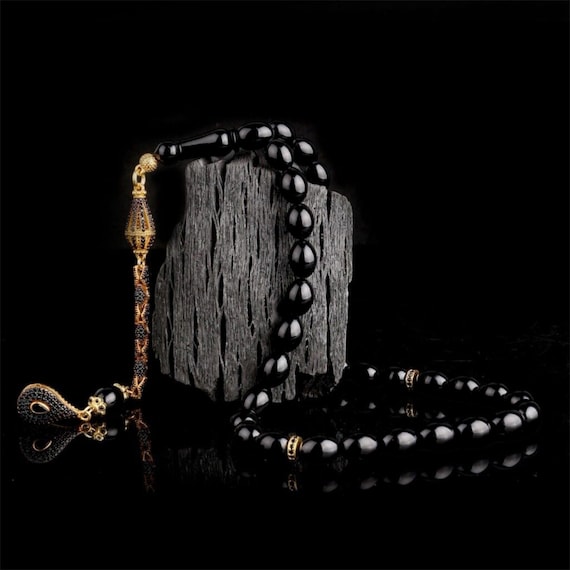 Black Fire Amber Tasbih Gold Plated 925 Silver Misbaha with Zircon Tassel
