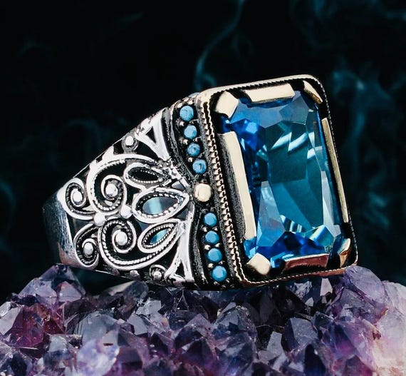 925 Sterling Silver Men’s Ring with Aqua Square Blue Stone & Turquoise Nano Details – 9.5 g