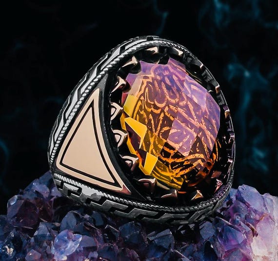 925 Sterling Silver Men's Crown Ring: Zultanite Stone, Engraved