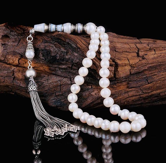 Grey Pearl Misbaha with Special Nakkash Imam – 925 Sterling Silver