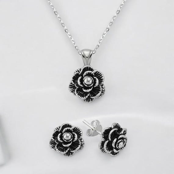 Sterling Silver Flower Jewelry Set for Women | Oxidized 925 Silver