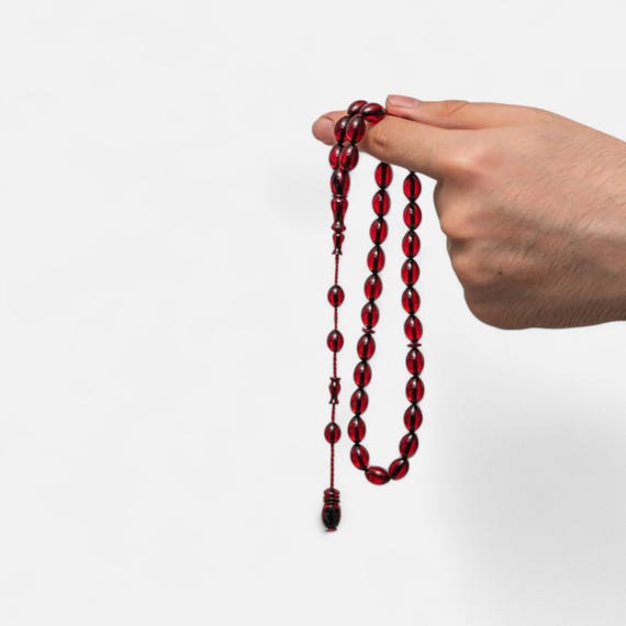 Handmade Pressed Amber Prayer Beads Red Men Tasbih