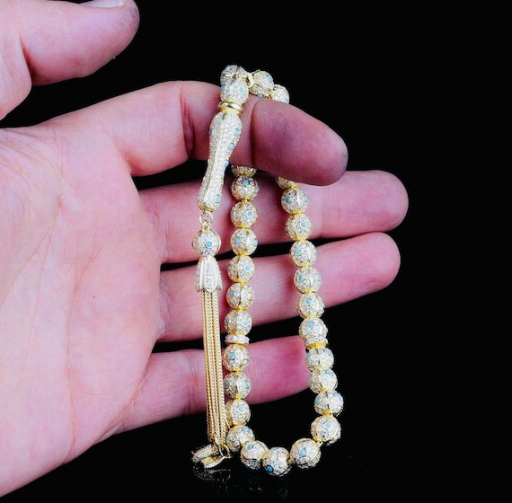 925 Sterling Silver Misbaha – Gold Plated – Zircon Inlaid – 7.6 mm