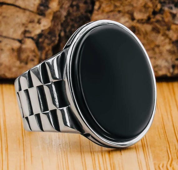 925 Sterling Silver Men’s Ring with Oval Black Onyx Stone and Watch Band Design