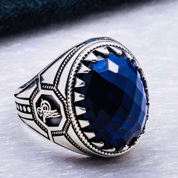 925 Sterling Silver Men’s Ring with Blue Zircon & Ottoman Tughra Design
