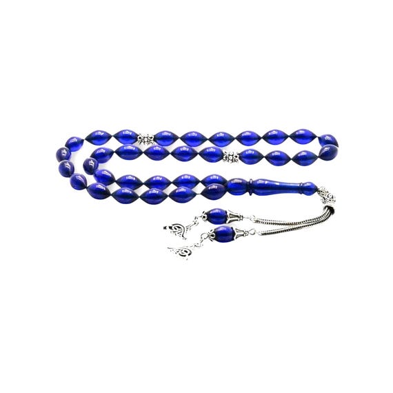 Blue Amber Tasbih with Silver Tassel Handmade Olive Cut Prayer Beads Deep Blue Misbaha